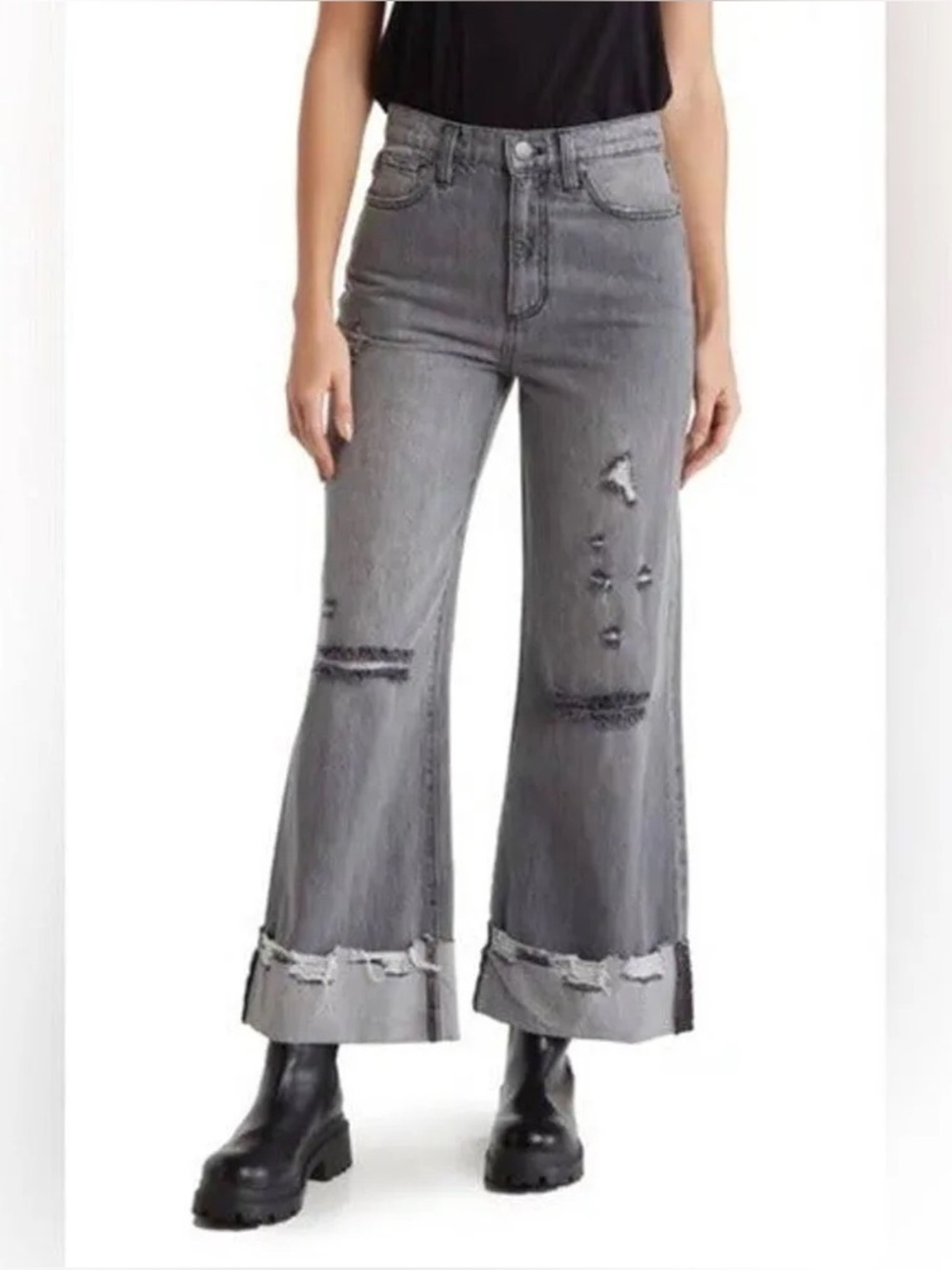 Alice + Olivia Gray Distressed Wide-Leg Jeans